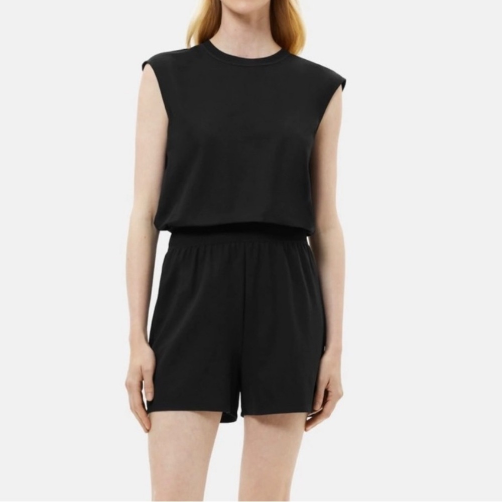 Theory Black Dolman Sleeve Romper in Drapey Piqué, Size Large